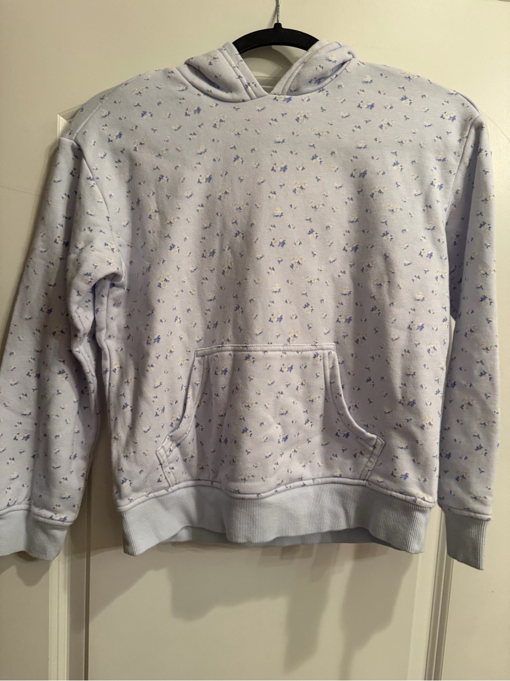 LoveShackFancy Pale Blue Crewneck Hoodie with floral print. EUC. YL.